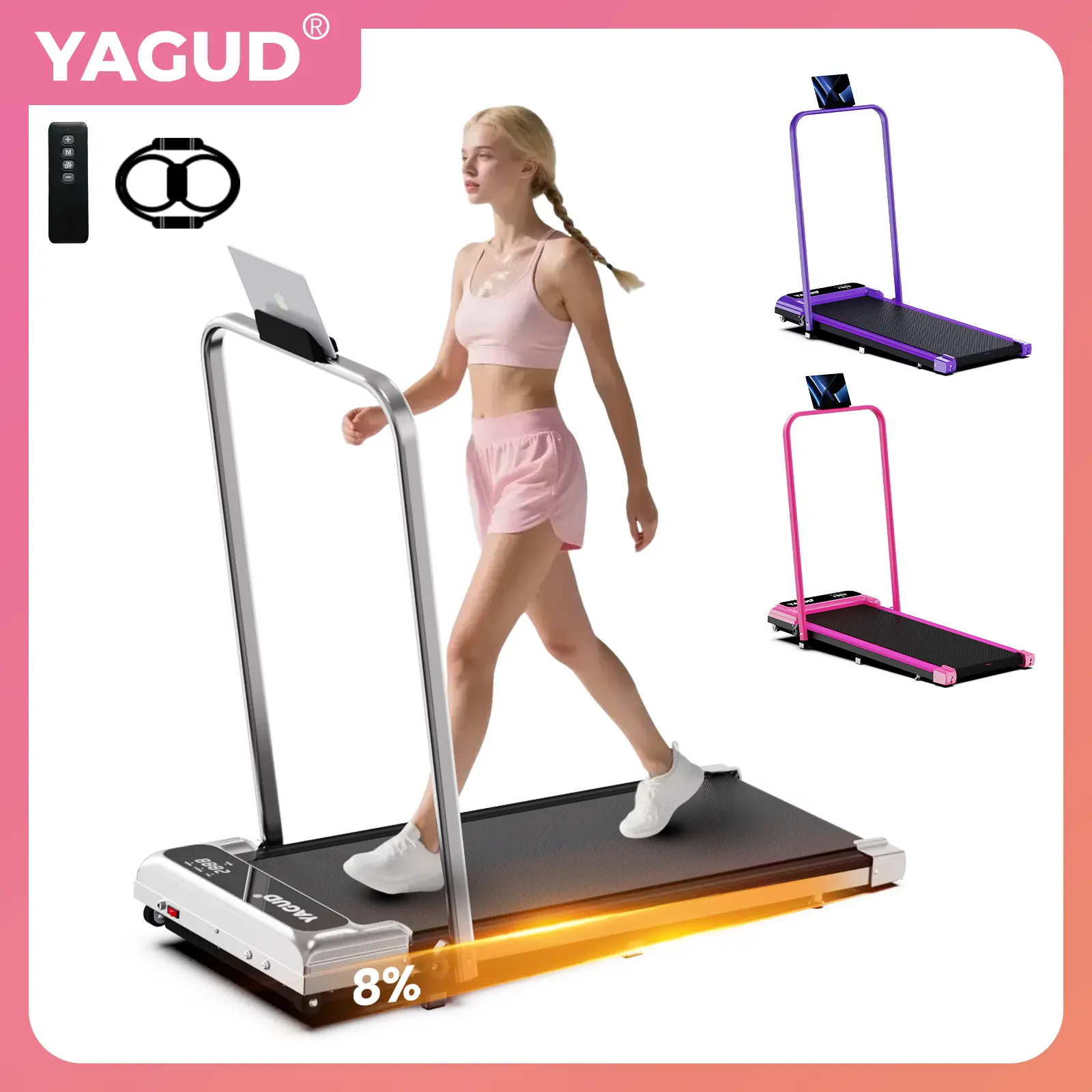 Foldable Walking Treadmill for Home or Office – 265lbs Capacity, Colorful Handrail Walking Pad, Quiet Motor, LED Display, Dual Shock Absorption, and Built-in Wheels with Remote Control
