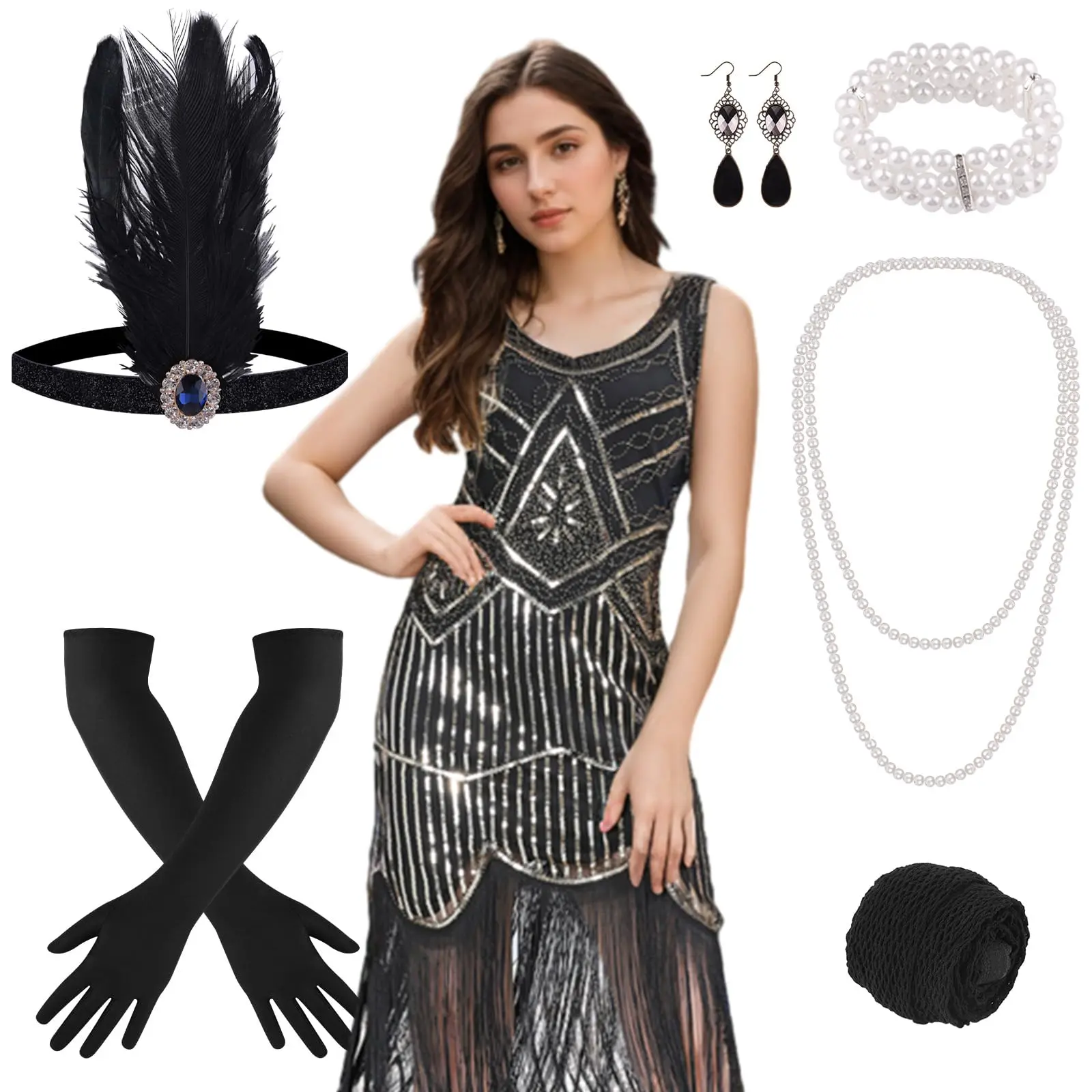 Women's 1920s V-Neck Sequin Beaded Fringed Midi Dress with Gold & Pearl Shine Accessories Set - Sleek Shape, Black, Fishnet, Zipper, Earrings, Headband, Necklace, Festive Party Costume Gift, V-Neck Dress, Sleek Shape
