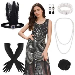 1920s V Neck Sequin Beaded Fringed Dress with 20s Accessories Set Costume Party Midi Womenswear Black Chic Clothes Evening Fishnet Zipper Gold Earrings Headband Pearl Necklace Pure Black Gold, gift