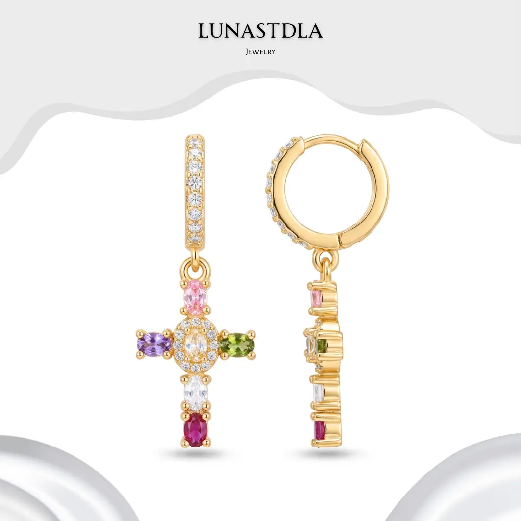 LunaStdla Rainbow Cross Hoop Earrings - Dainty Multicolour Zirconia Faith Cross Vintage Glam Y2K Vibes for Women Girls Suitable for Daily Outfits Church Festival Chrismas Gift for Girlfriend Mom