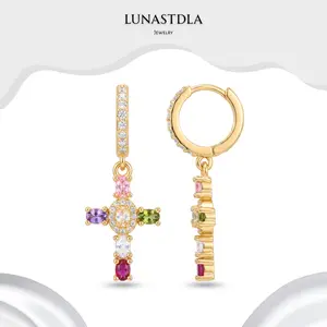 LunaStdla Rainbow Cross Hoop Earrings - Dainty Multicolour Zirconia Faith Cross Vintage Glam Y2K Vibes for Women Girls Suitable for Daily Outfits Church Festival Chrismas Gift for Girlfriend Mom