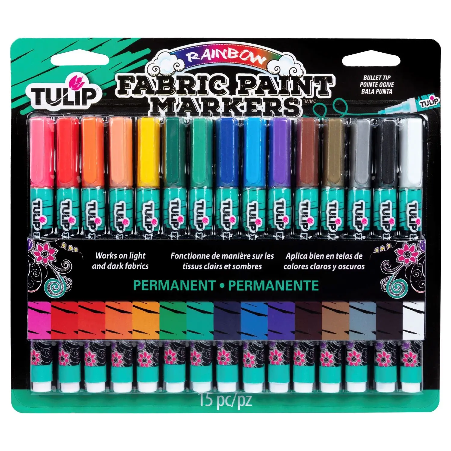 Tulip Bullet-Tip Fabric Paint Color Marker Set, Rainbow 15-Pack Office Writing Tool, Bulk Markers