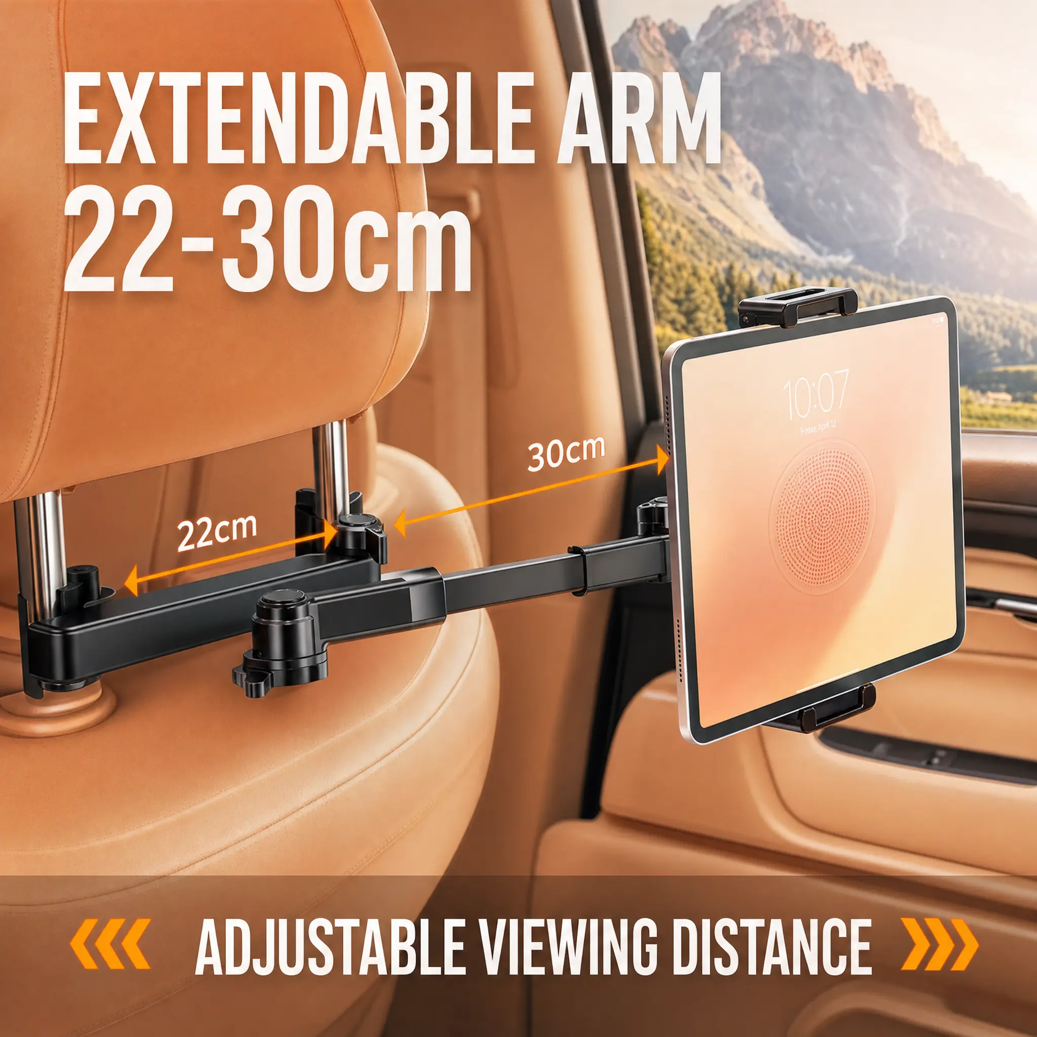 Car Headrest Tablet Mount with Extendable Arm | 360° Rotation, Fits 4.7–13" Phones & iPads, Kid Road Trip Must-Have