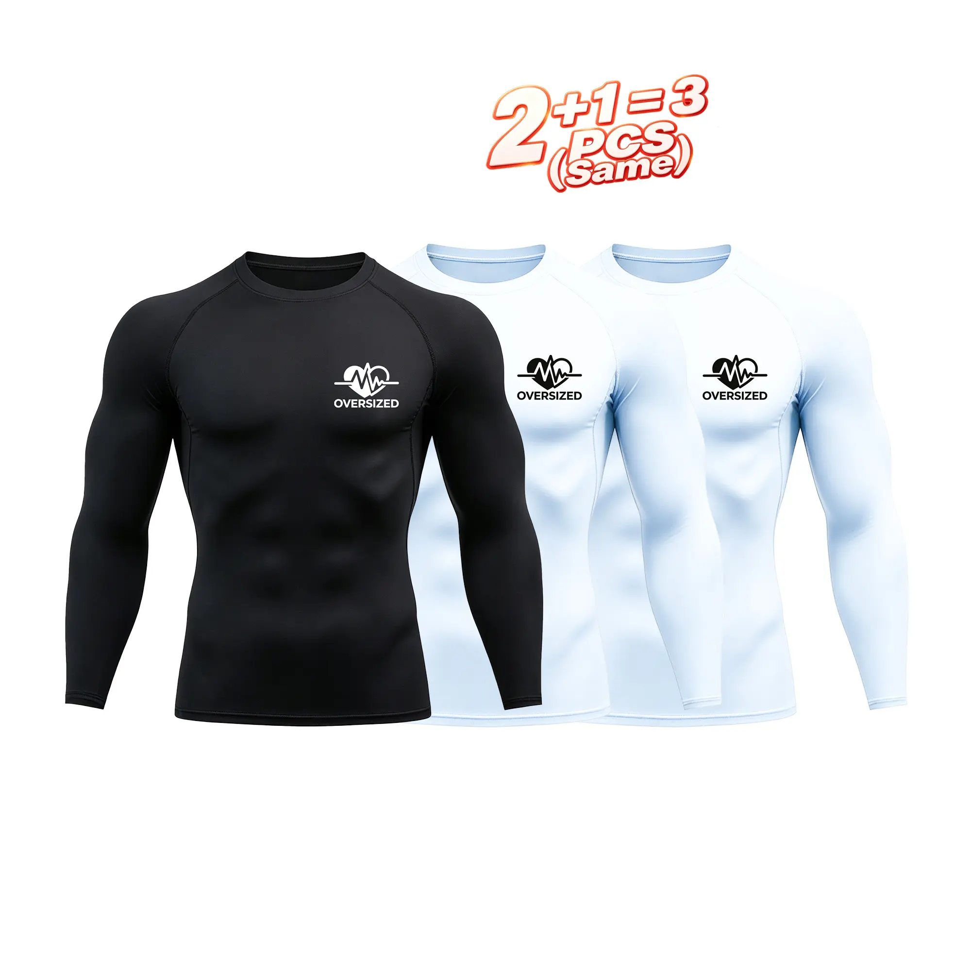 Men’s 3-Pack Long Sleeve Fitted Figure-Hugging Compression Shirts - Quick Dry Dry-Fit Performance Base Layer with Heartbeat Logo, Gym/Running Tops, S-XL #TikTokMadeMeBuyIt #GymTok Menswear Crewneck Biker Streetwear
