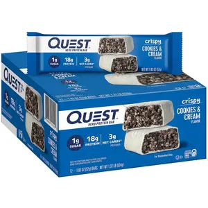 Quest Nutrition Crispy Cookies & Cream Hero Protein Bar, 18g Protein, 1g Sugar, 3g Net Carb, Gluten Free, Keto Friendly, 12 Count (pack of 1)