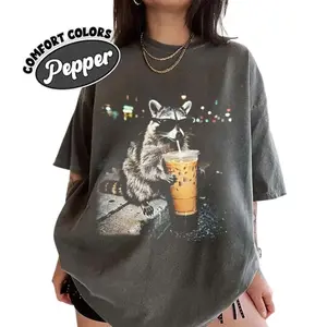 Raccoon Drinking Iced Coffee Comfort Colors, Funny Animal Meme Shirt, Coffee Lover Raccoon Shirts, Crew Neck, Menswear Top, Womenswear Top Underwear Streetwear