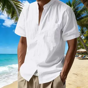 Men’s summer linen stand-collar short-sleeve button shirt, slim fit, lightweight and breathable casual top, ideal for relaxed vacations,summervibes
