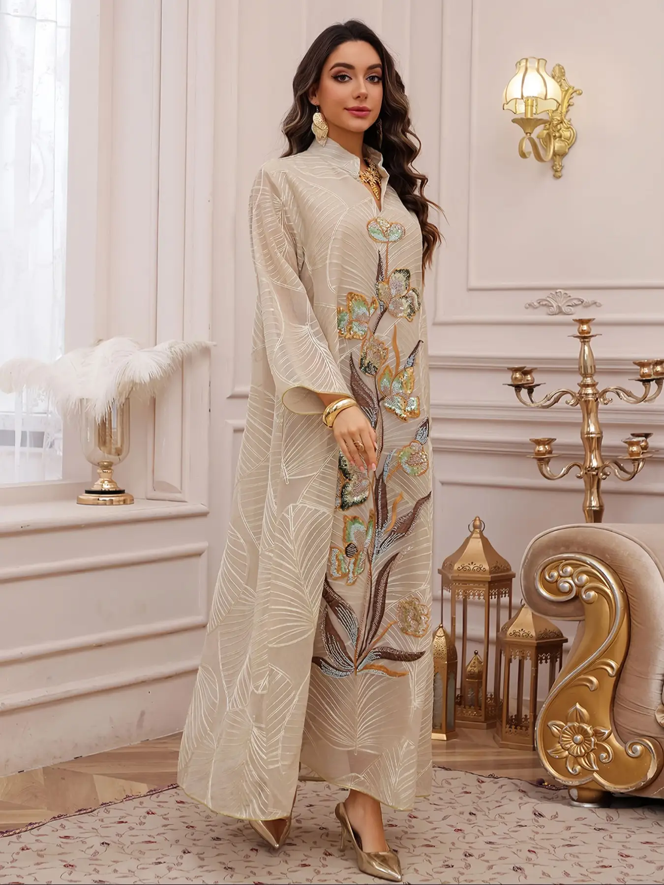 Ramadan Dubai Embroidered Sequin Long Dress, Loose-Fitting Modest Abaya for Muslim Women, All Seasons Jalabaya Party Wear