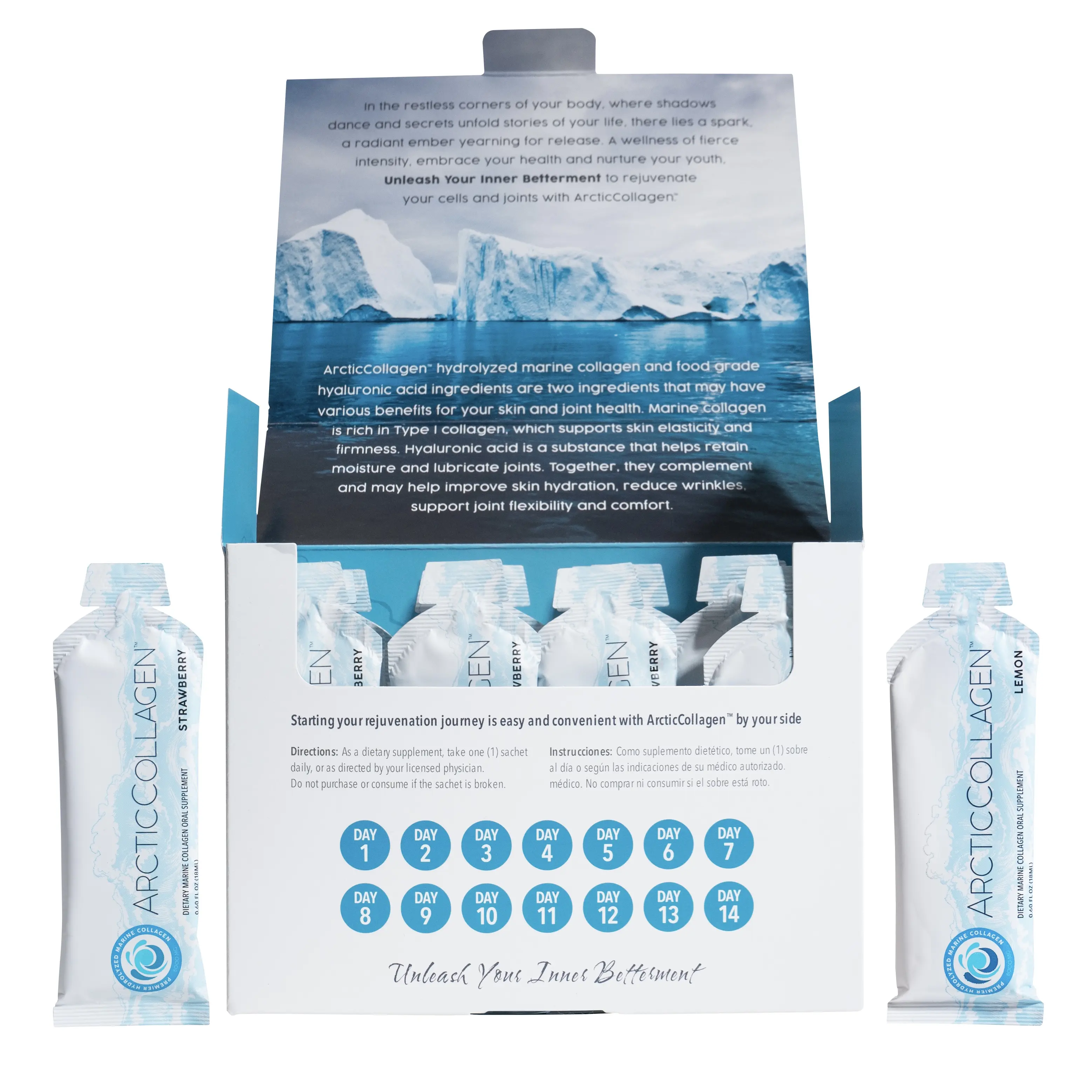 ArcticCollagen Marine Collagen Liquid 8000 mg Hydrolyzed Collagen with Hyaluronic Acid & Vitamin C for Total Glow & Wellness Choose Lemon or Strawberry Flavor Edible Collagen Supplement