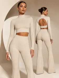 AIRILA 2 Piece Yoga Set for Women Long Sleeve High Neck Crop Top Flare Leggings Removable Pads Tummy Control Butt Lift Workout Outfit for Gym Yoga Daily Wear