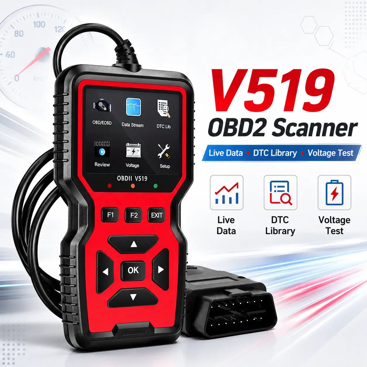 V519 Handheld Compact OBD2 Scanner Diagnostic Tool, Engine Fault Code Reader with Live Data Stream, DTC Library, I/M Readiness, Freeze Frame, Voltage Check, Code Clearing, Plug-and-Play Compatibility for OBDII/EOBD Car OBD Port Use, Diy Car Maintenance