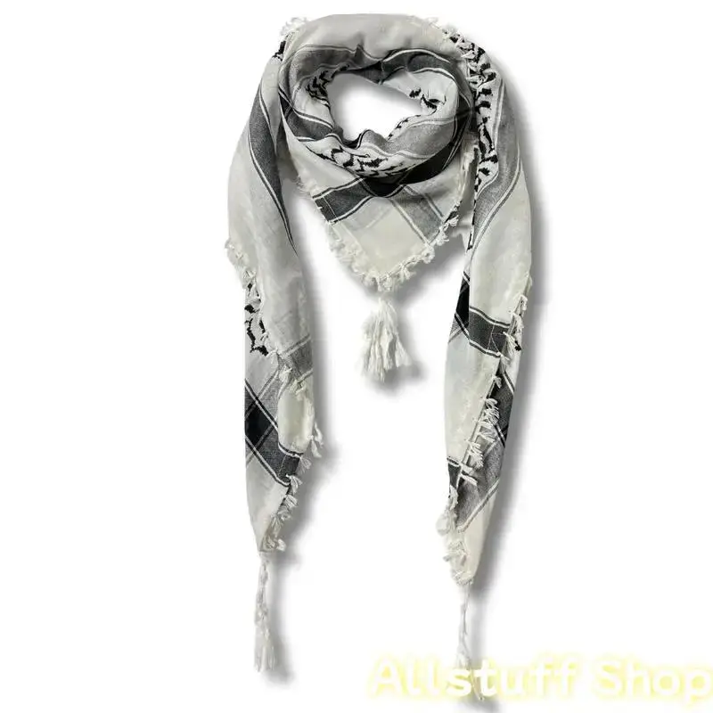 Authentic Kuffiyeh Headscarf for Women, 100% Cotton Palestinian Shawl with Handmade Embroidery and Fringe Trim, 47x47in Square Desert Wrap, Keffiyeh Desert Wrap, Fringe Trim Shawl, Female, Hijab Style, Scarf Style, Traditional, 47 Inches, Muslim Fashion,,