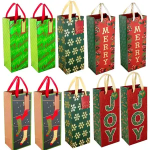 BASIC SUPPLY Christmas Wine Gift Bags for Wine Bottles Gift Bulk with Elegant Ribbon Handles and Christmas Gift Tags, 10pk Christmas Wine Bags for Wine Bottle Christmas Theme Designed Holiday Wine Gift Wrap