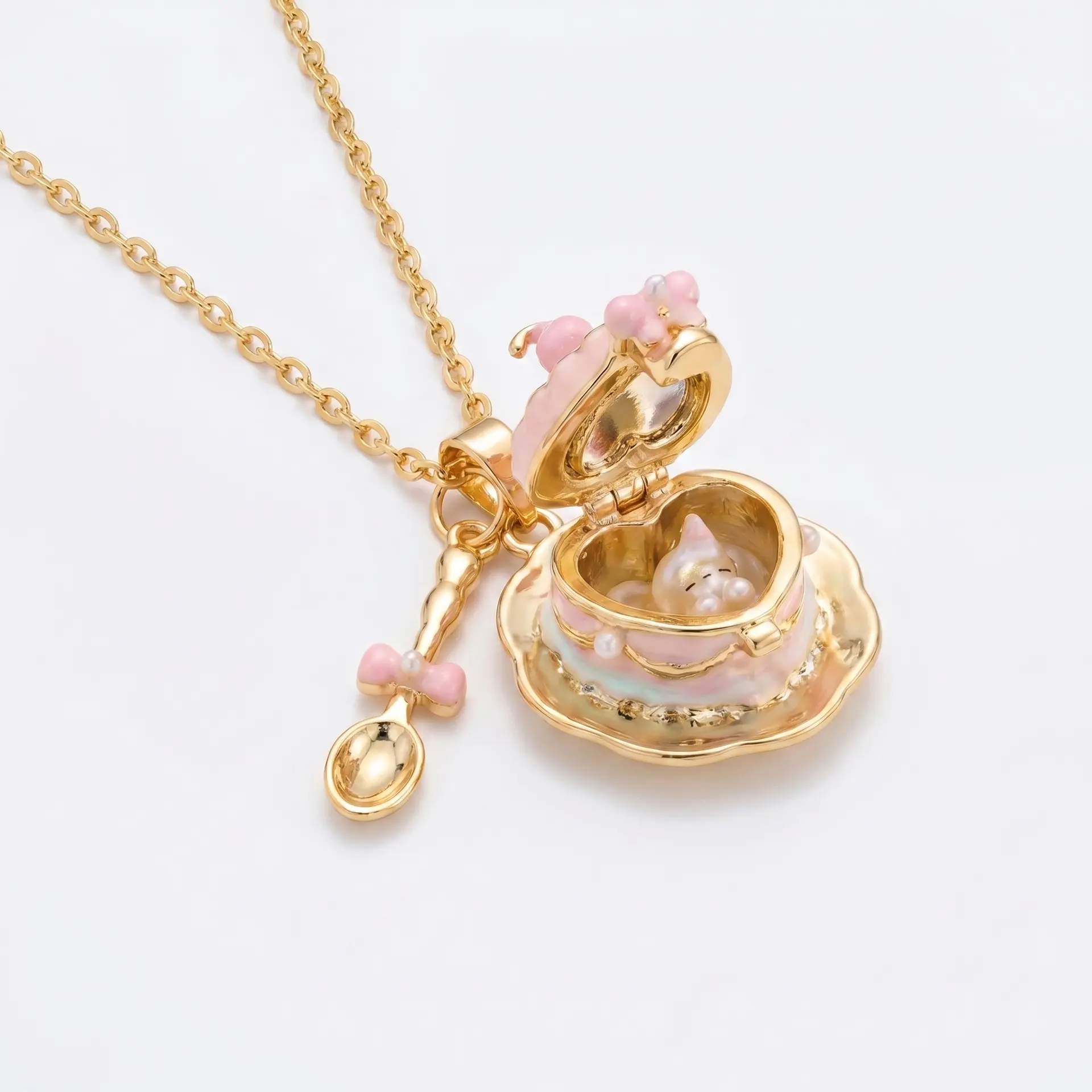 18k Gold Color-Retention Sweet-Style Cup-Opening Necklace, Teacup & Oil Drop Design, Birthday Gift for Little Girls