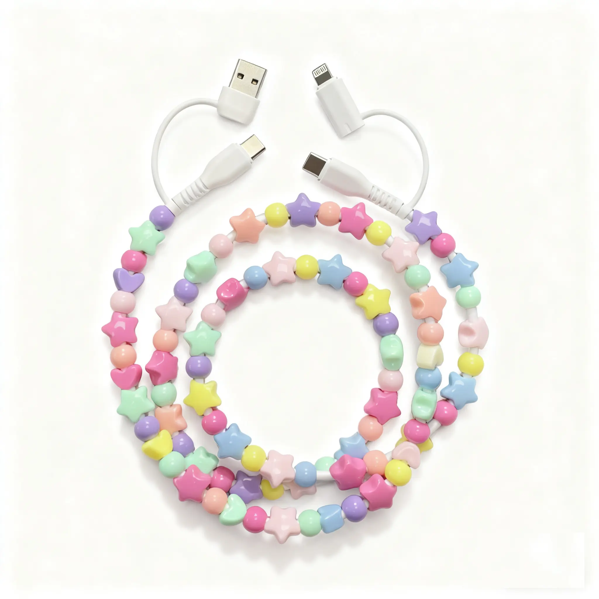 4-in-1 Stylish Shiny Pearl Beaded Mobile Charger Cable, Electronic Charging Cable for Smartphone, Cellphone, iPhone (Lightning), Samsung (Type-C) & All Devices, Beaded Charging Cords, 4-In-1 Fast Charging Cables