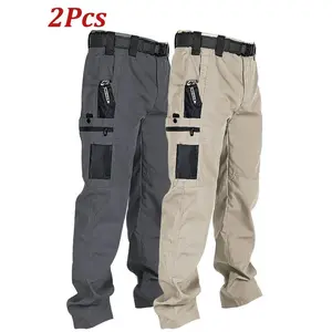 2pcs Men's Tactical Cargo Pants with Multiple Pockets – Durable Polyester, Dark Gray & Beige, Perfect Hiking, Camping, Fishing, and Outdoor Work Menswear Trouser Multicolor
