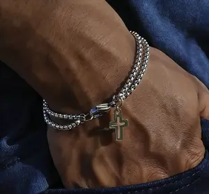 Unisex Meraki Gothic Minimalist Stainless Steel Cross Pendant Bracelet, Double Chain Daily Stacking Jewelry, Street Punk Accessories