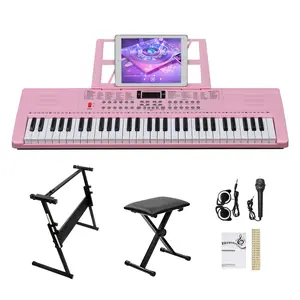 GEP-110 61-Key Pink Piano Style Keyboard with Built-In Speakers Headphone Microphone and Music Rest for Beginners Adults and Teens Perfect Gift for Festivals or Birthdays Pedal Bluetooth Digital beginner kit stand Portable Electronic