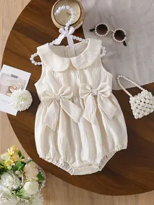 Girls' clothing, girls' jumpsuit, gentle bow sweet wind, girls' pleated jumpsuit, doll collar+double bow design, Valentine's Day gift, suitable for parties, daily outings, family dinners, baby products, girls' clothing