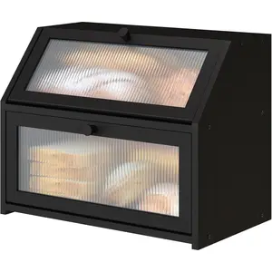 Black Bread Box for Kitchen Counter, Large   Double Layer Bread Box, Wooden Bread Storage Capacity