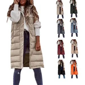 Women’s long sleeveless lightweight zip puffer jacket packable hooded down coat winter quilted vest with hood can be worn with a raincoat