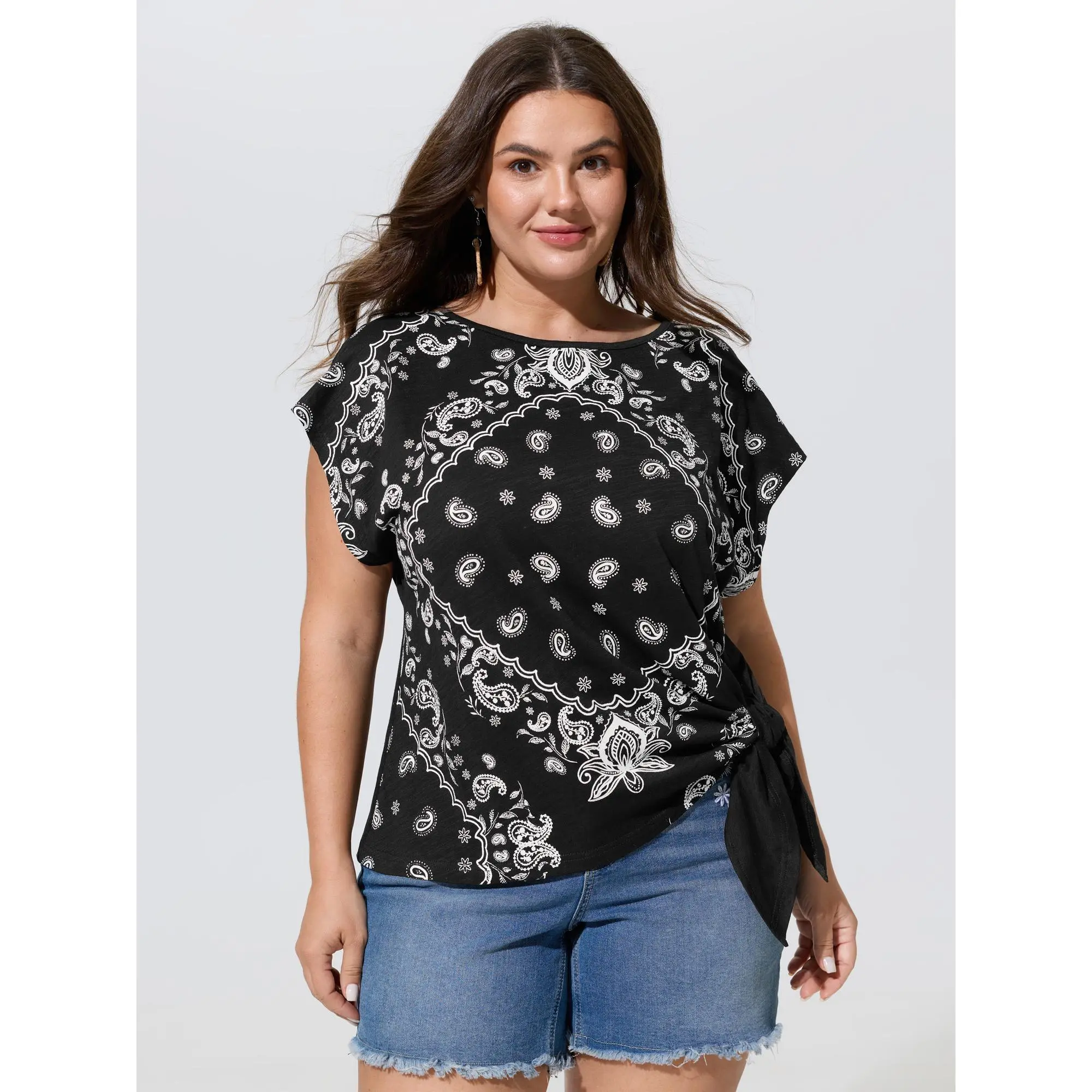 BloomChic Women's Plus Size Cotton Paisley Print Dolman Sleeve Knotted Side T-Shirt - Casual Flattering Fit Garment, Cotton Fabric Top, Size M-6X, 2026 Summer Finds, Machine Washable, Do Not Tumble Dry,Back To School,Fall Pick, Spotlight Day