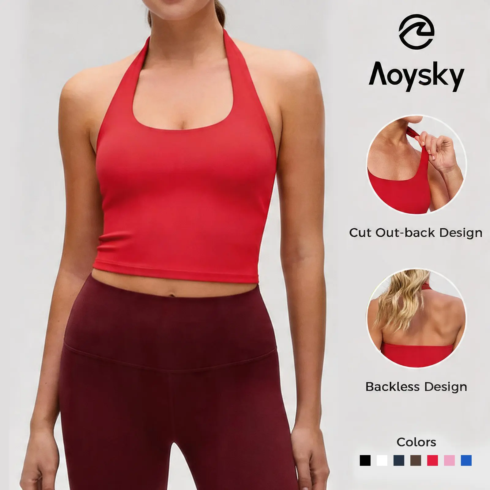 Aoysky Women's Buttery Soft Halter Workout Tank Tops with Built-in Bra, Cropped Padded Open Back, Longline Halter Tops for Gym, Women's Sports Bra, Sports Bra For Women