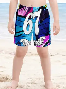 Boys' 3D Number 67 Printed Beach Shorts, Quick-Dry Breathable, Summer Fun Perfect Choice, Casual Loose-Fitting, Drawstring Waist, Short Hem