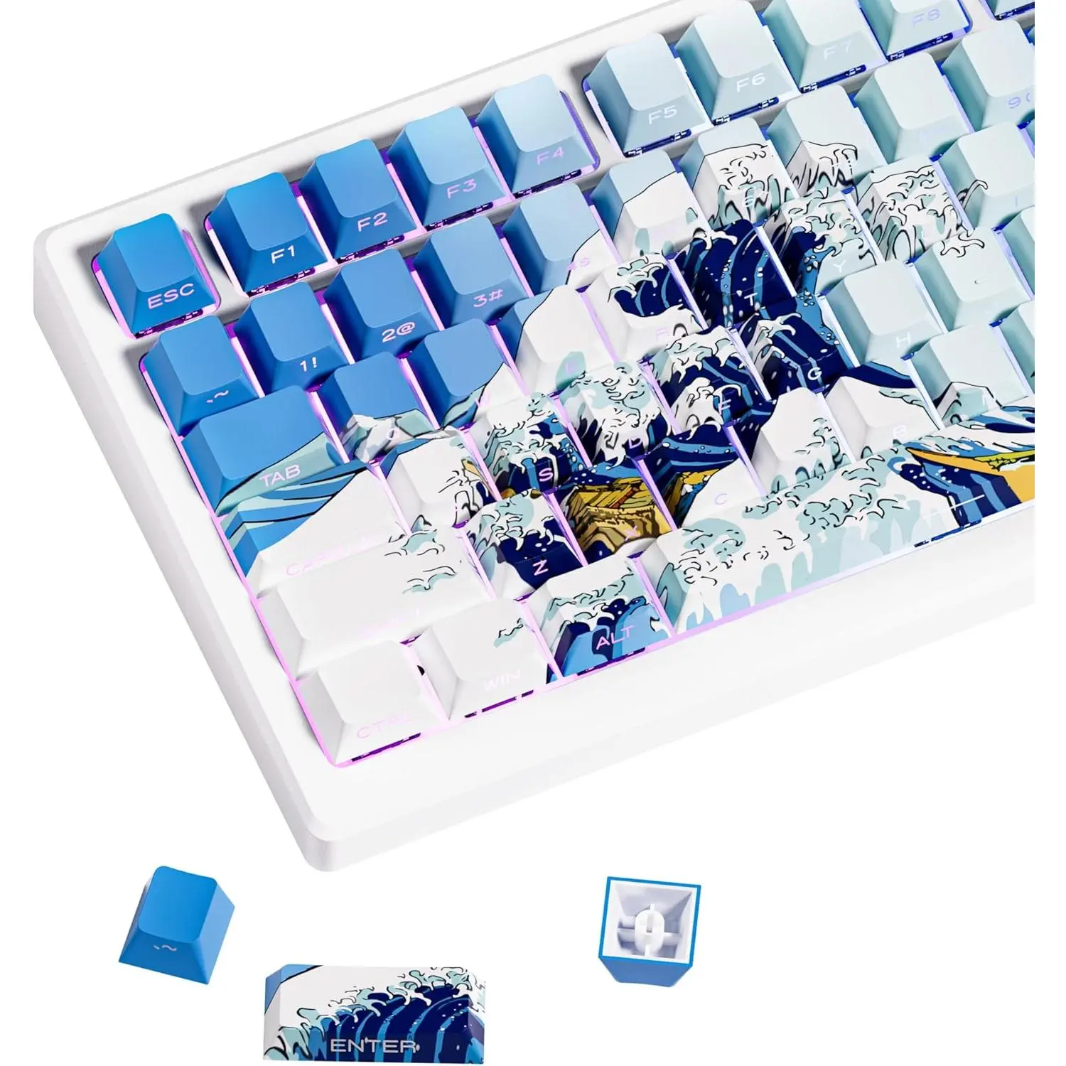 XVX Shine Through Keycaps, Side Print PBT Keycaps 75 Percent Dye Sub, 131  Cherry Profile Custom Keycaps 60 Percent, Wave of Kanagawa Double Shot Keyboard Key caps for Mechanical Keyboards