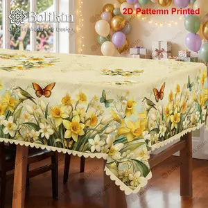 1pc, Spring Summer Themed Courtyard Picnic Party Tablecloth, Vintage Butterfly Daffodil Floral Printed Design, Rectangular/Round/Oval Table Cloth, Embossed Edge, Suitable for Indoor Outdoor Dining Picnic Dinner Dining Room Decoration
