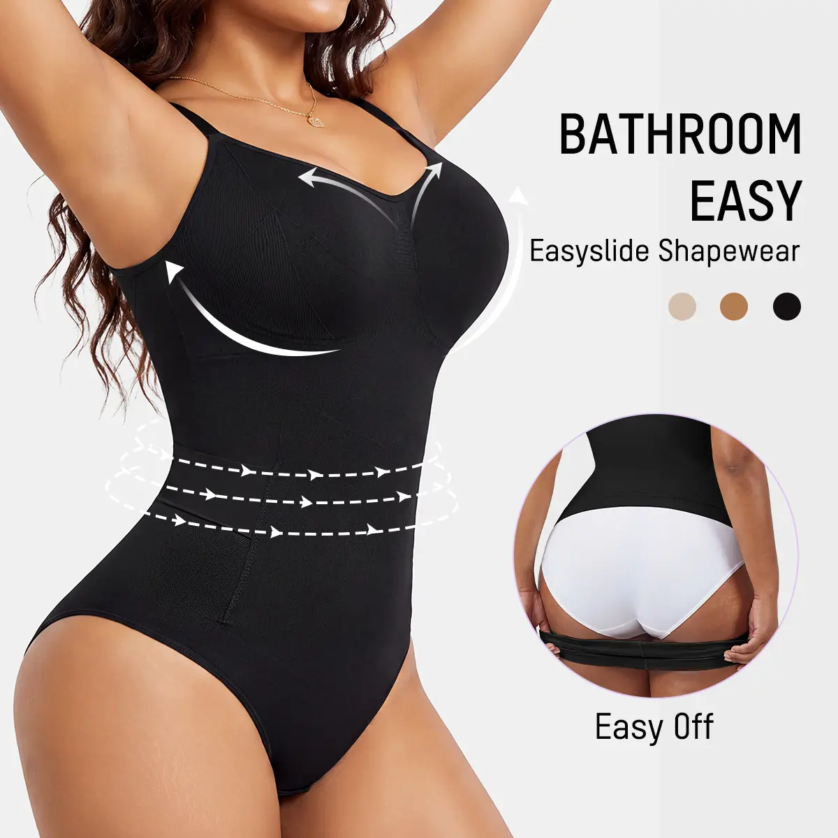 SHECURVE Easyslide Shapewear Bodysuit for Women Tummy Control & Butt Lift Faja Seamless Thong Shaper with Bathroom Easy Back Opening Design Deep V Wire-Free Bust Support & Breathable Fabric for Summertime Outfits