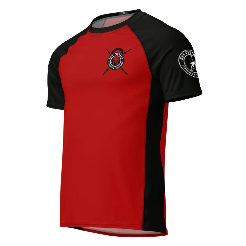 Men's Rash Guard, Black/Red, Fitted Cut, Moisture Wicking, Recycled Poly, Machine Washable, Multi-Size Option, Upf 50+