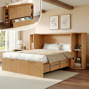 [Ships in 2 Boxes] AMERLIFE Murphy Bed with Storage Bedside Table & Sliding Tambour Door, Modern Cabinet Bed with Charging Station & Curved Fluted Design for Bedroom/Guest/Home Office
