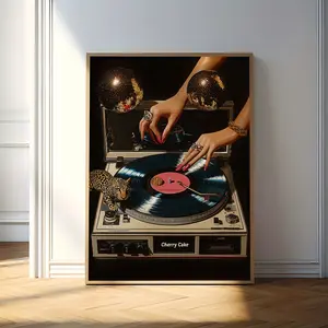 Retro Vinyl Record Art Poster Disco Style Leopard & Cherry Design for Living Room Bedroom Bathroom Kitchen Home Decor Artistic Wall Print Ornaments