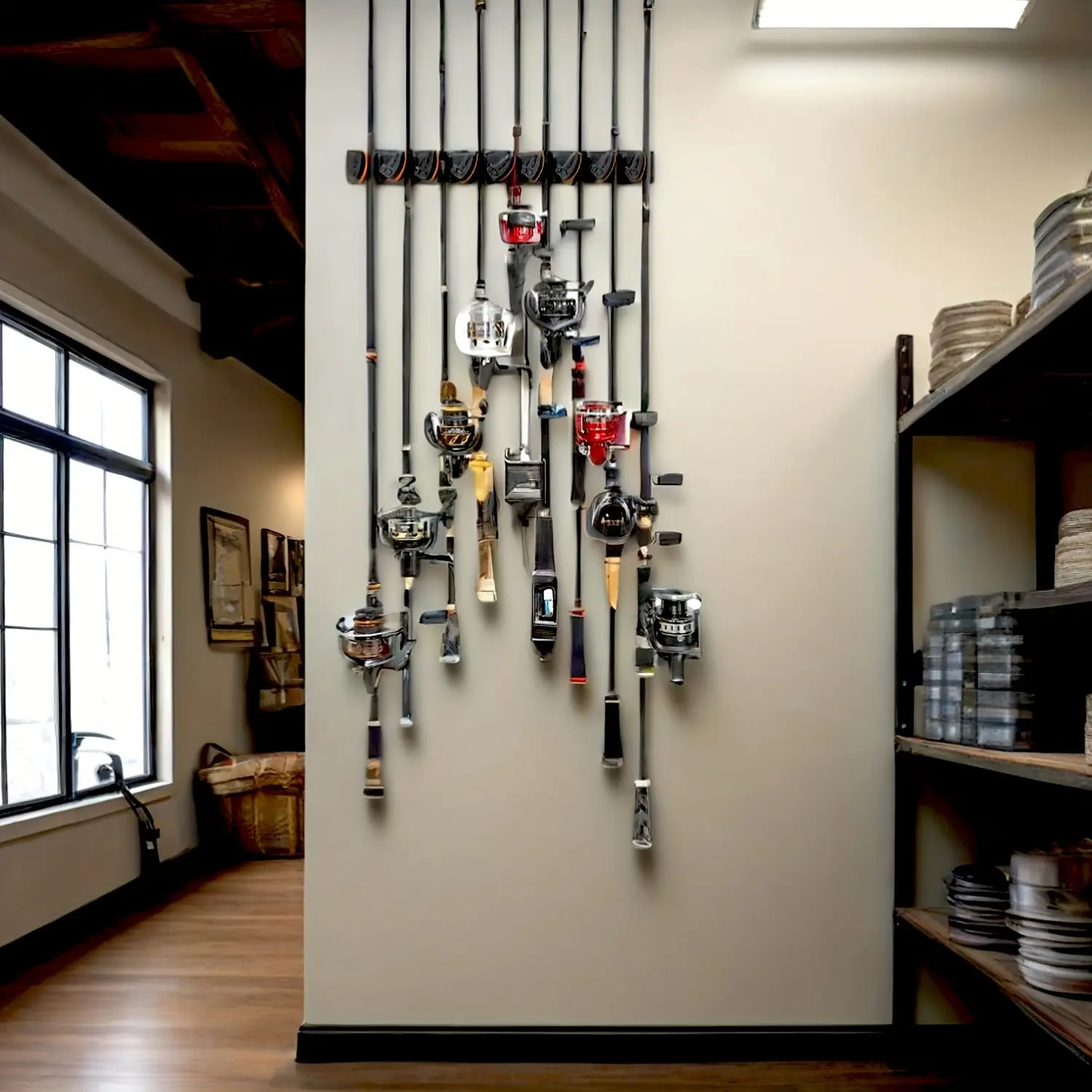Wall-mounted fishing rod storage rack, vertical fishing rod rack for garage tools, Fishing Pole Rack, Fishing Rods Holder, Fishing Rod Holders, can accommodate up to 9 fishing rods or combinations.