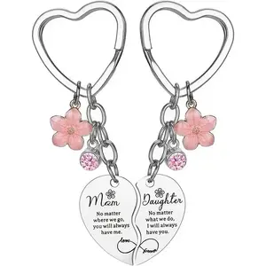 Mother-Daughter Heart-Shaped Keychain Set — 2-Piece Set with Pink Flower Charms — Exclusive Matching Design — Gifts for Mom, Mother's Day Gifts, Gifts from Daughter