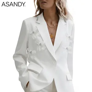 ASANDY Showstopper White Blazer Sheer Organza Bows with Crystal Centers + Rhinestone Shoulder Accents | Glam Statement Jacket