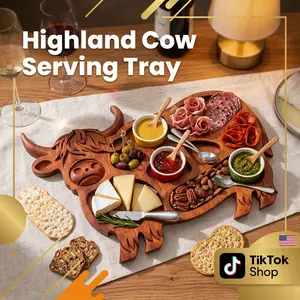 Cute Highland Cow Wooden Charcuterie Board, Small-Size Mini Snack Tray for Fruits, Cheese, Meats, Nuts, Kids-Friendly Platter for Parties, Family Gatherings,summervibes