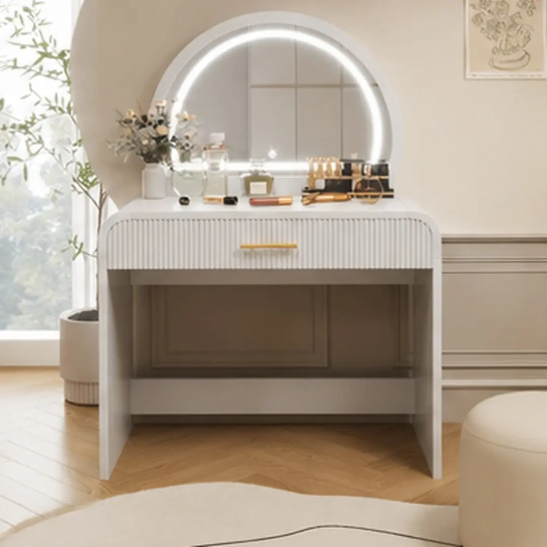 39-Inch White Makeup Vanity Table with LED Lighted Mirror, Touch Screen Dressing Table with Drawer, MDF & Rubberwood Vanity Desk for Bedroom, Removable Mirror, Curved Edges, Tempered Glass Top, White Color Options, MDF/Rubber Wood/Tempered