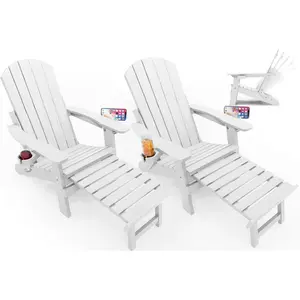 Adirondack Chair with Retractable Ottoman, Folding Adirondack Chairs Set of 2, 5-Level Adjustable Backrest with Footrest, Fire Pit Chairs with 2 Cup Holders, Outdoor Plastic Chairs for Patio