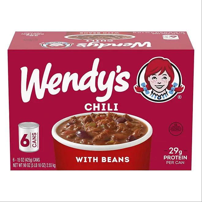 Wendy's Nutritious Protein-Packed Ground Beef Chili with Beans, 15 oz Canned Instant Meal, 29g Protein per Can, 6-Pack Pantry Food