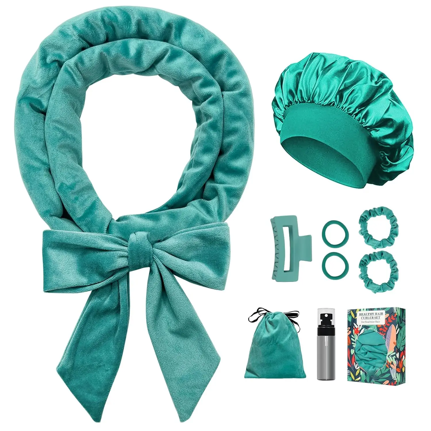 Blue Green Velvet Heatless Curling Rod Headband, 70" Long Roller for Heatless Curls Overnight, 9-Piece Gift Set for Women with Satin Sleep Bonnet