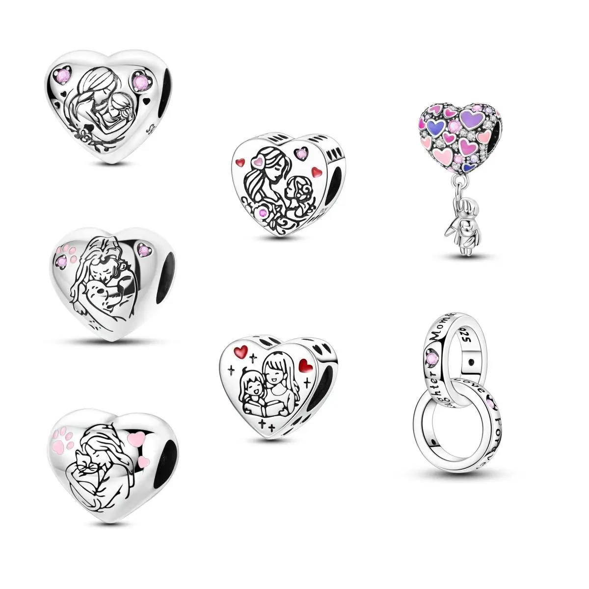 MULA Love & Family Beads - 925 Silver Heart Pendant with Cubic Zirconia and Enamel - Suitable for Pandora Bracelets and Necklaces - Gift for Mother's Day, Valentine's Day, Pet Lovers