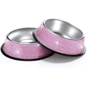 SAVORI Bling Dog Bowls Pink, 640ML Handmade Bling Rhinestones Stainless Steel Pet Bowls Double Food Water Feeder for Puppy Cats Dogs - Set of 2 SAVORI