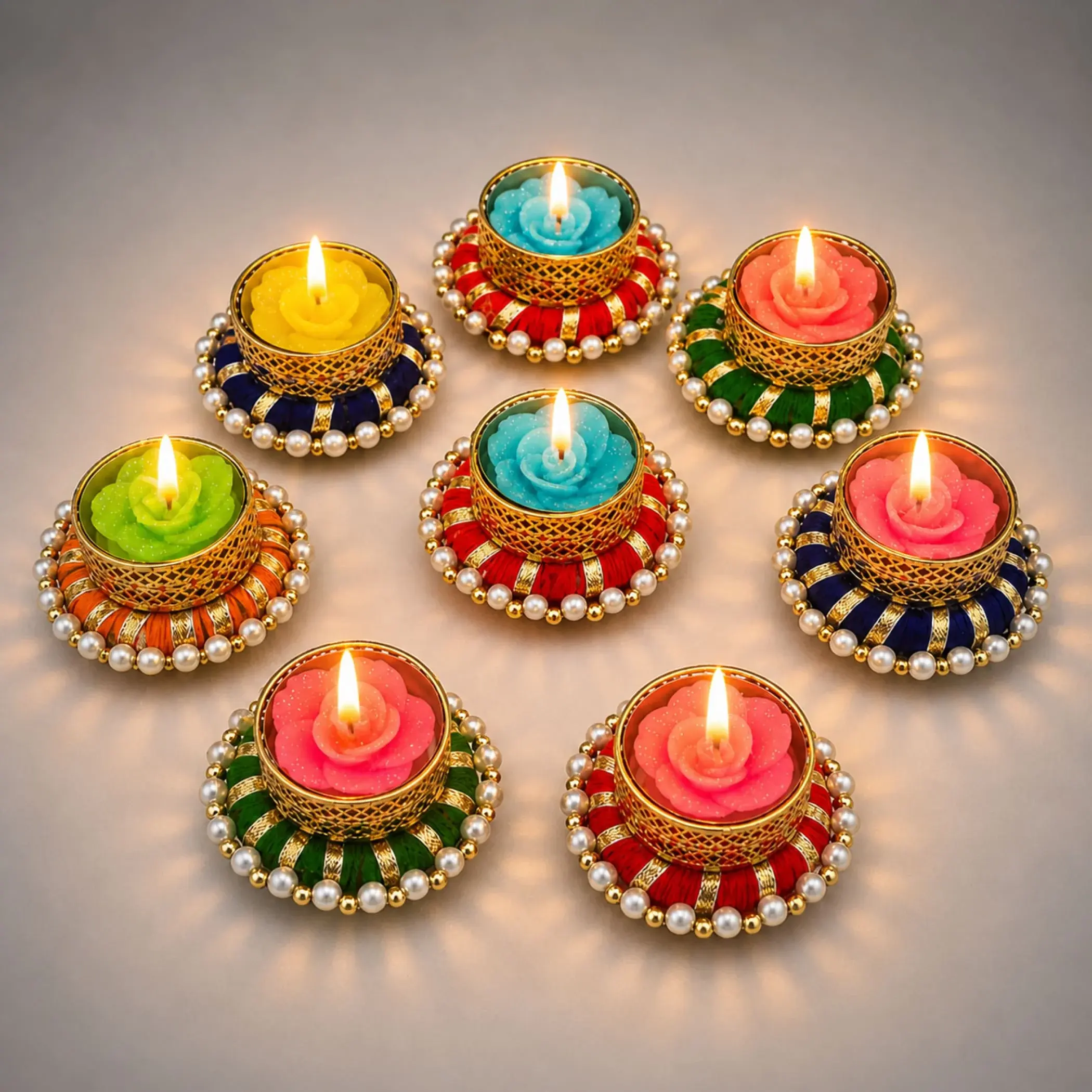 Ethereal Candle Holders Set of 8 | Metal & Rhinestone Elegance for Diwali, Navratri, Weddings | Sacred Light, Timeless Gift