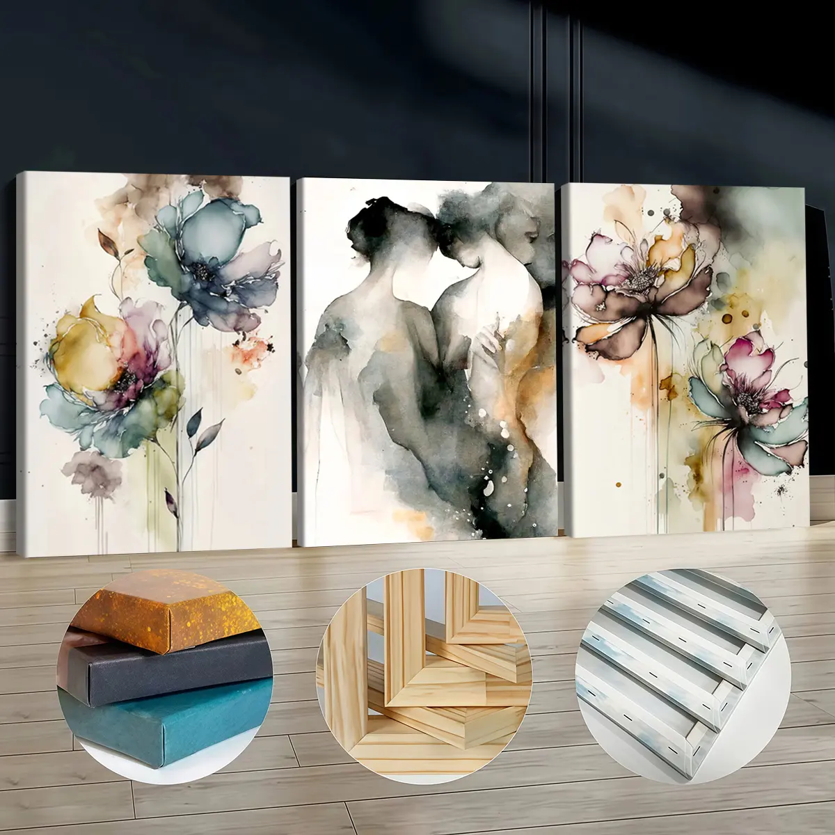 Women's 3Pcs Elegant Artistic Wooden Framed Canvas Print Wall Art Set - Abstract Watercolor Women-and-Flowers Abstract Painting Wall Arts, Odorless Decor Exquisite Posters, Unique Home Decor for Living Room, Bathroom, Artwork