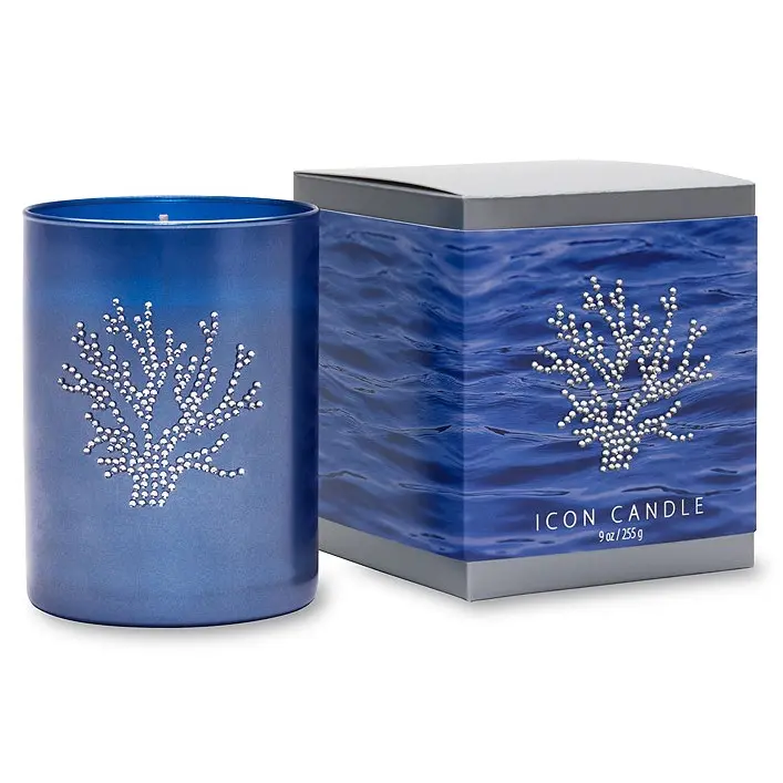 Primal Elements Coral Fragrance Aromatherapy Wax Candle - 9.5 oz Icon-Style Blue Glass Vessel with Rhinestones, Household Decor & Freshener, Matching Gift Box, Gift-Ready
