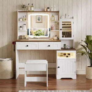 [SummerVibes] Vabches Large Makeup Vanity Desk with RGB Lights, Glass Top, Power Outlet, Jewelry Cabinet, Adjustable Brightness & Chair – Spacious Storage Indoor Furniture for Girls