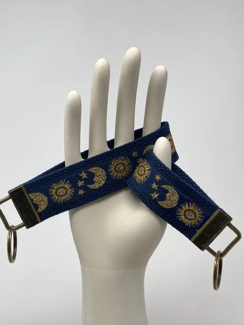 Sun, Moon and Stars Jacquard Ribbon on Navy Cotton Webbing Key Fob Wristlet Keychain Keyring