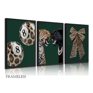 3-Piece Canvas Art Set, Leopard-Print Canvas Wall Art, "Lucky No. 8" Ball Poster, Artwork, Cheetah Bow, Preppy-Style Art, Decorative Wall Art, Home Decor, Frameless